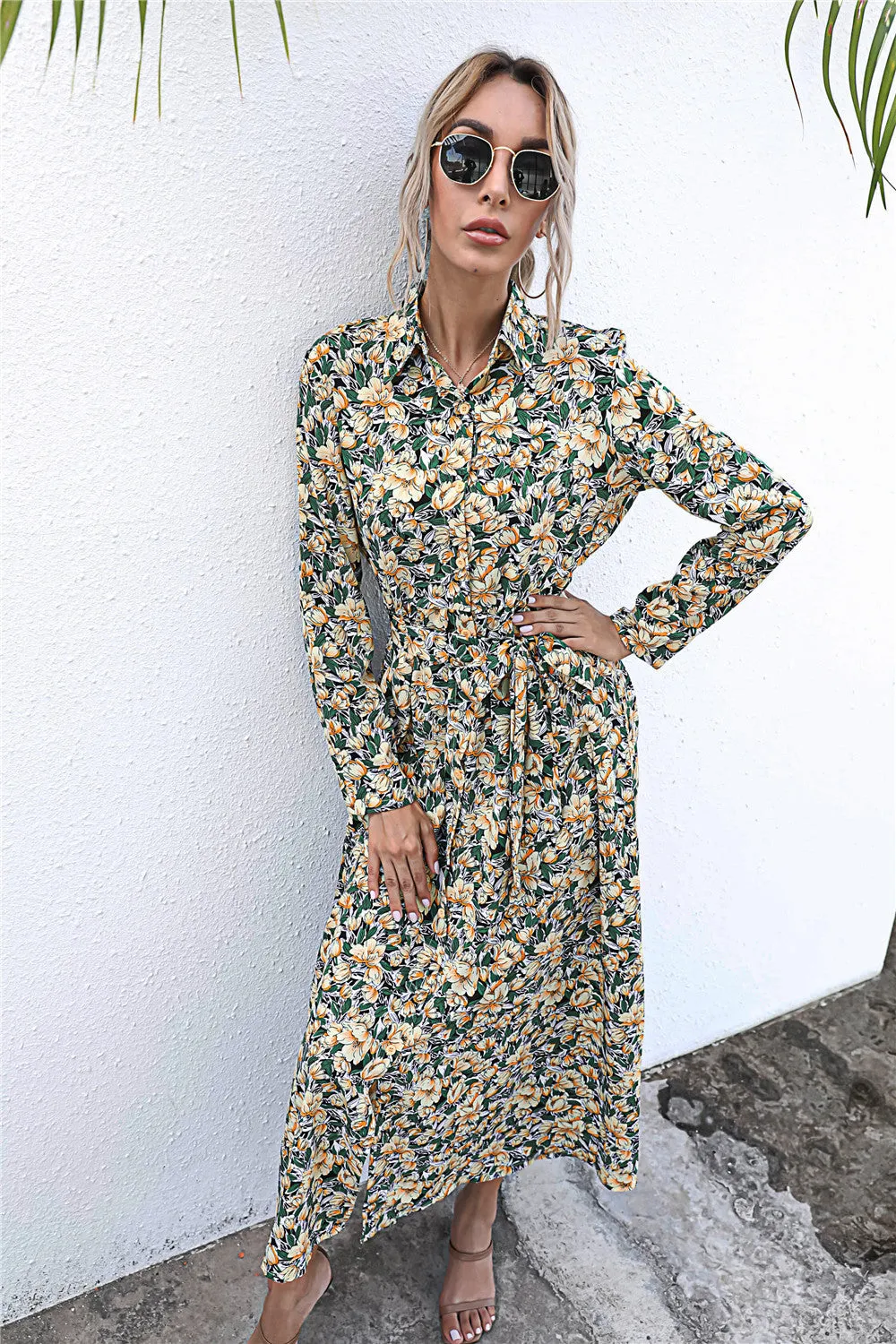 Long Sleeve Floral Print Lapel Shirt Midi Maxi Dress