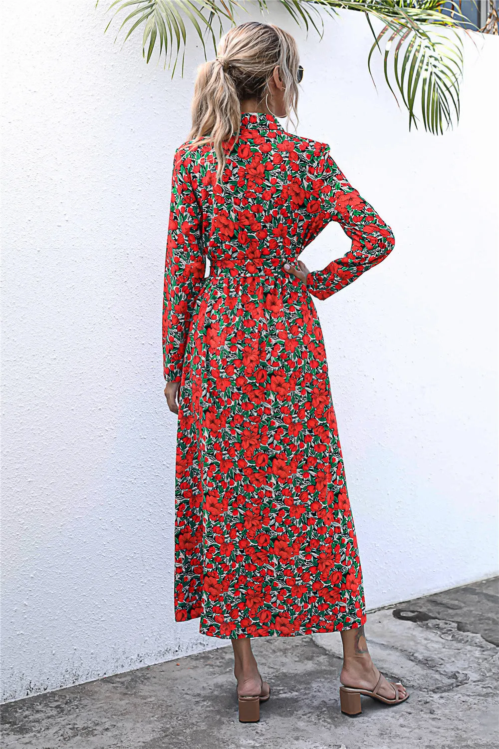Long Sleeve Floral Print Lapel Shirt Midi Maxi Dress