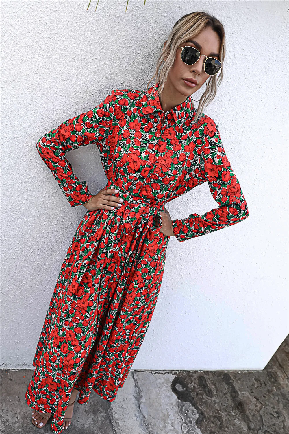 Long Sleeve Floral Print Lapel Shirt Midi Maxi Dress