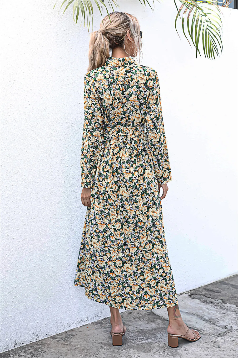 Long Sleeve Floral Print Lapel Shirt Midi Maxi Dress
