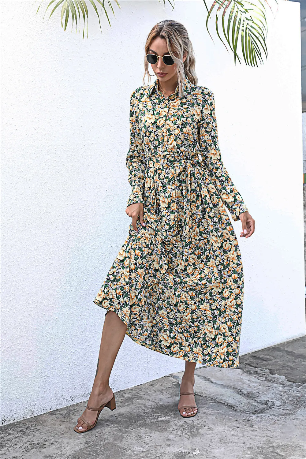 Long Sleeve Floral Print Lapel Shirt Midi Maxi Dress