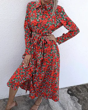 Long Sleeve Floral Print Lapel Shirt Midi Maxi Dress