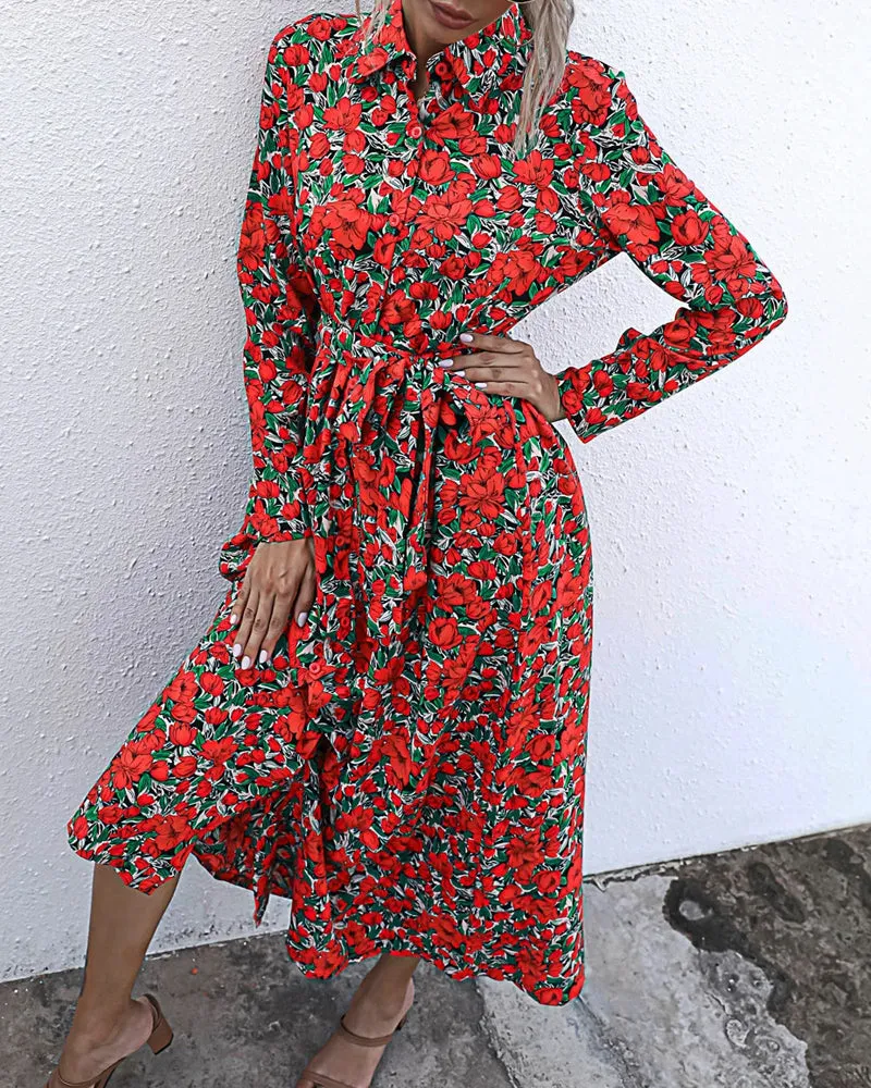 Long Sleeve Floral Print Lapel Shirt Midi Maxi Dress