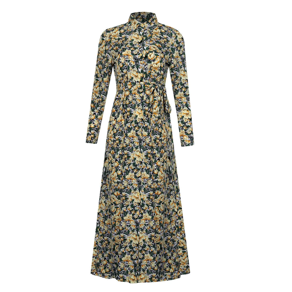 Long Sleeve Floral Print Lapel Shirt Midi Maxi Dress