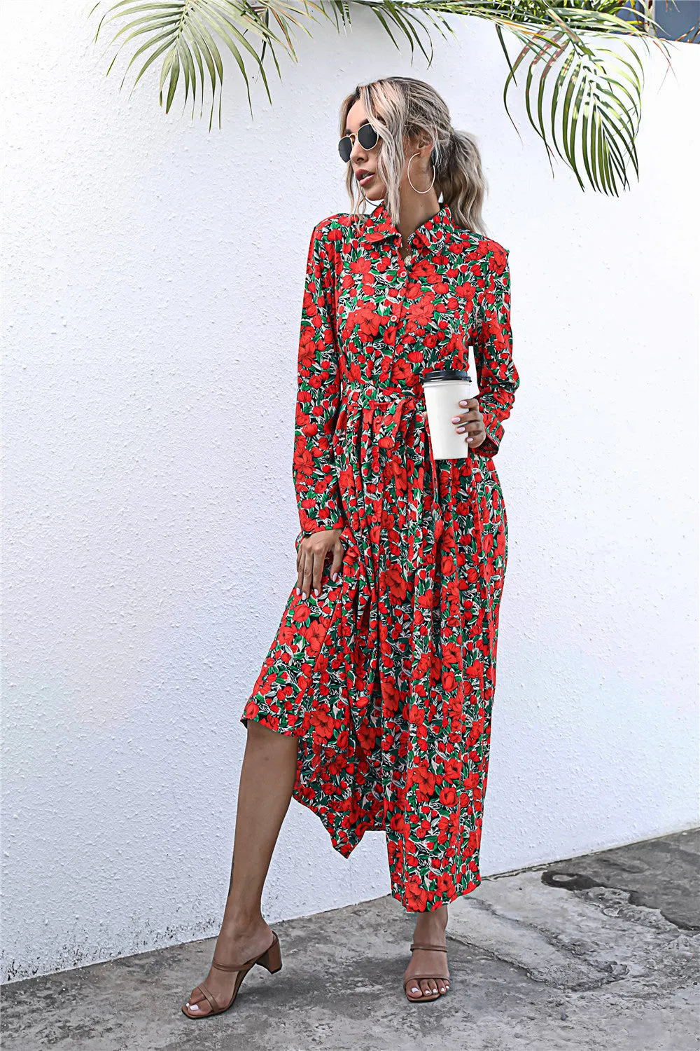 Long Sleeve Floral Print Lapel Shirt Midi Maxi Dress