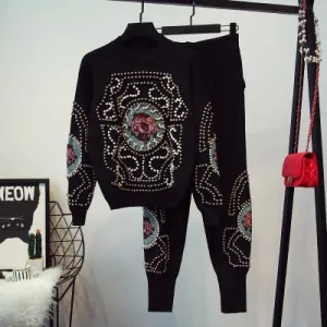 Long Sleeve Sweater Casual Long Pants Female Knitted Set
