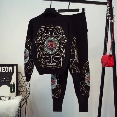 Long Sleeve Sweater Casual Long Pants Female Knitted Set