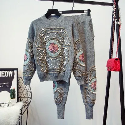 Long Sleeve Sweater Casual Long Pants Female Knitted Set