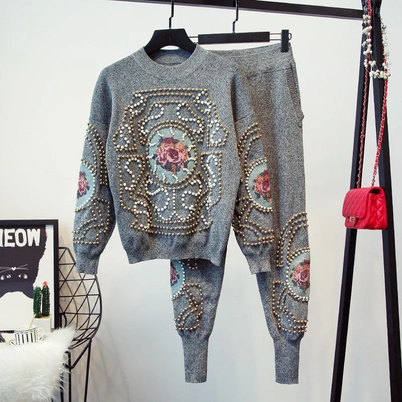 Long Sleeve Sweater Casual Long Pants Female Knitted Set