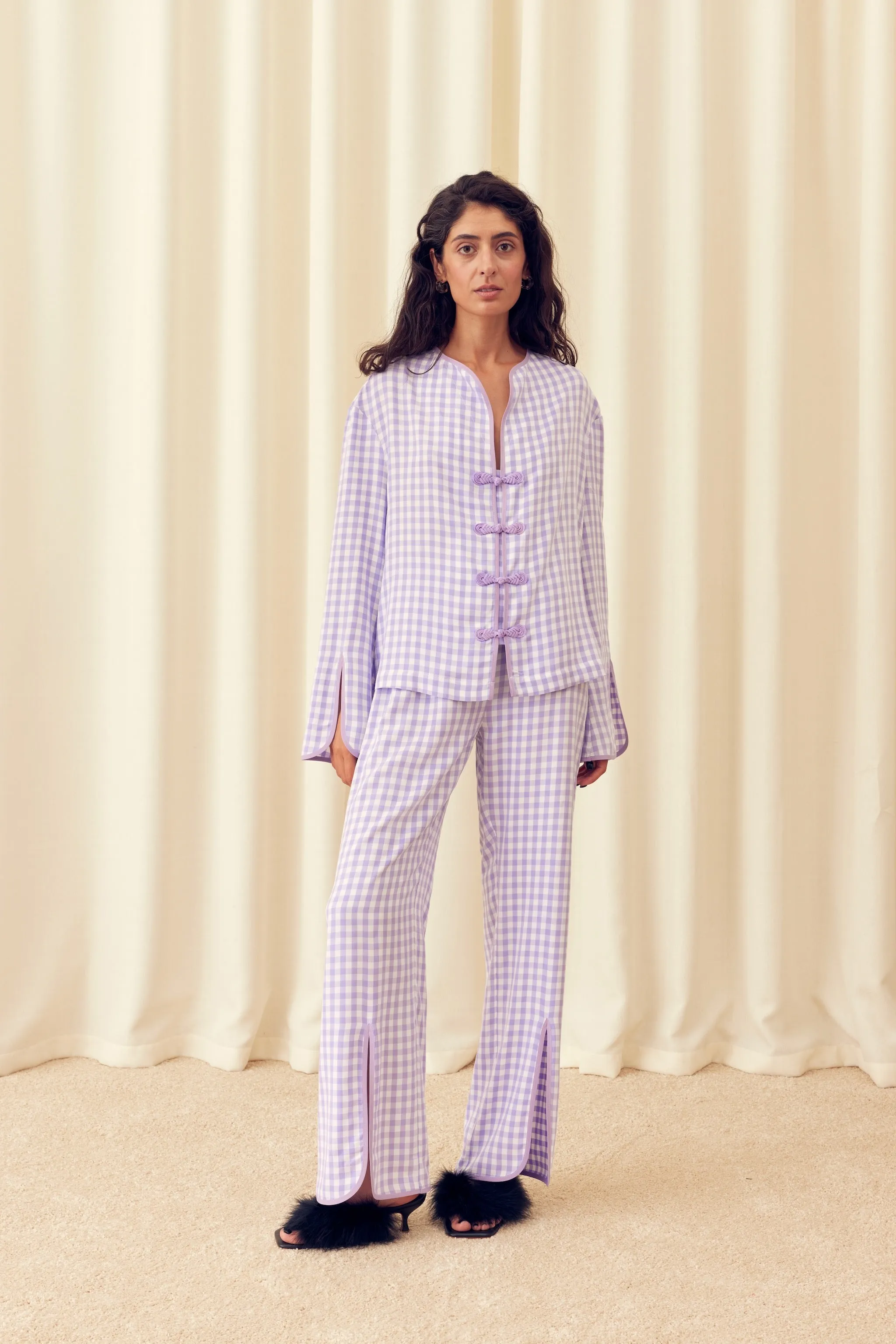 Louis Pyjama Set with Pants in Lavender Vichy