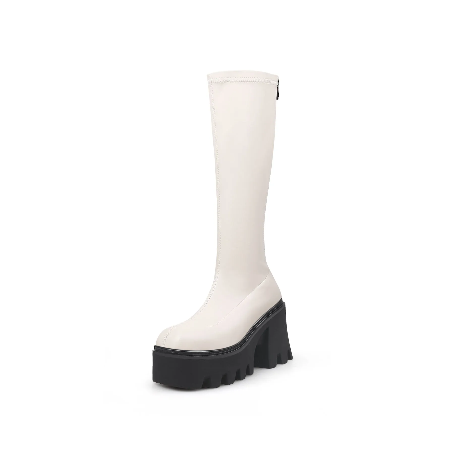 Lug Sole Knee High Leather Boot - Ivory