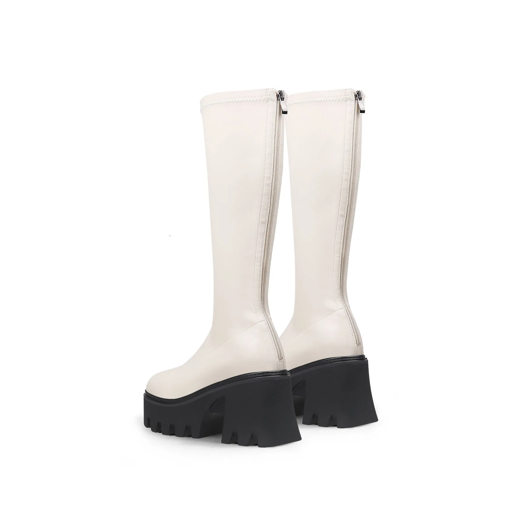 Lug Sole Knee High Leather Boot - Ivory