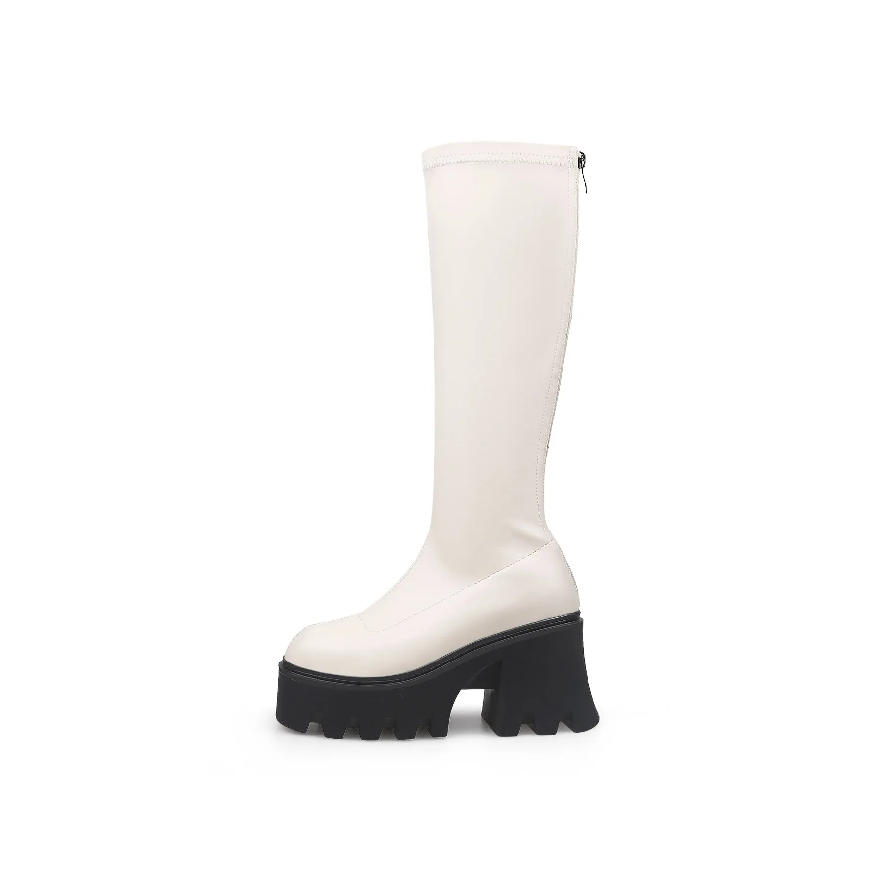 Lug Sole Knee High Leather Boot - Ivory