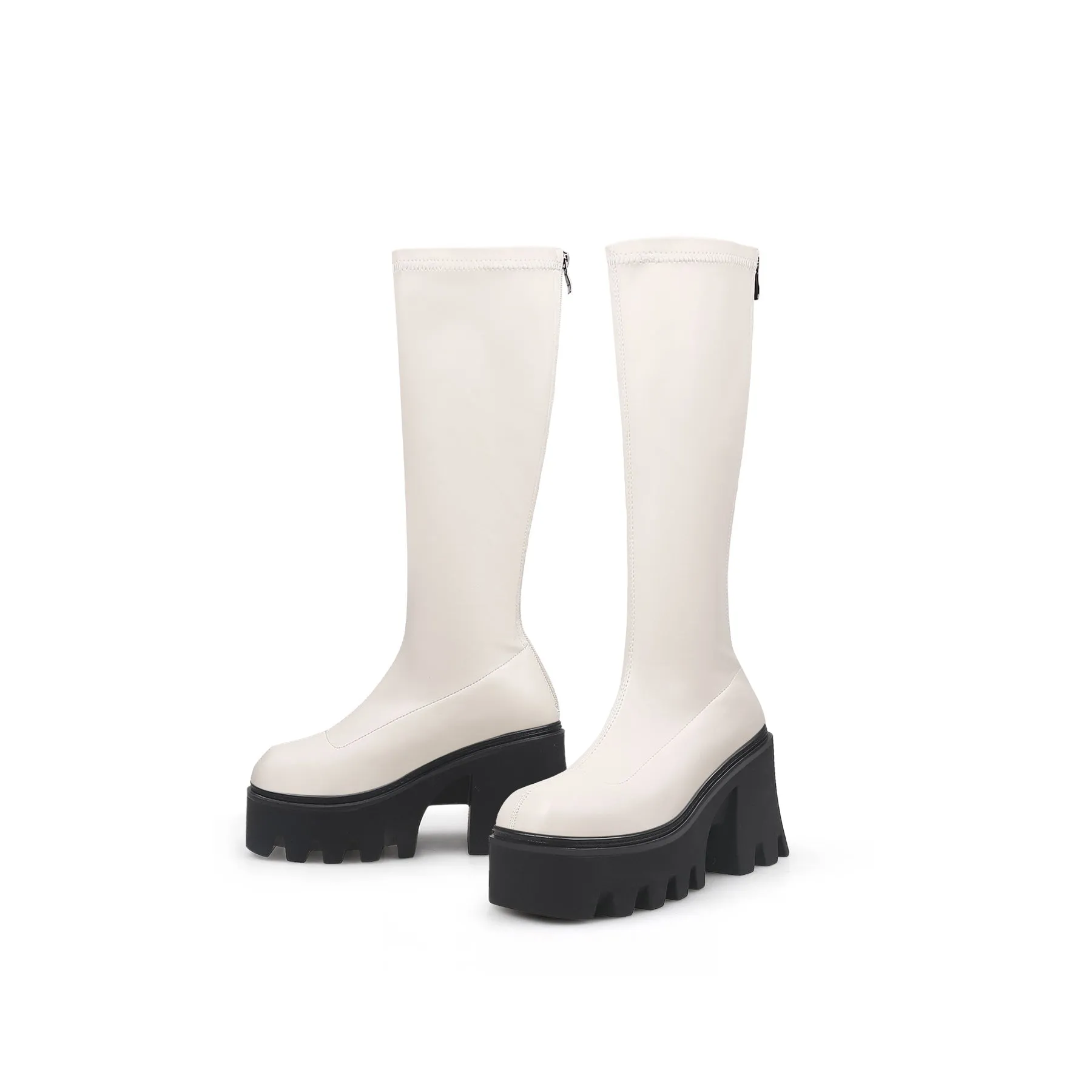 Lug Sole Knee High Leather Boot - Ivory