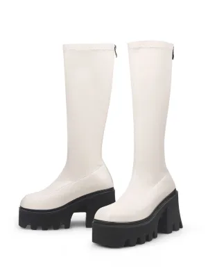 Lug Sole Knee High Leather Boot - Ivory