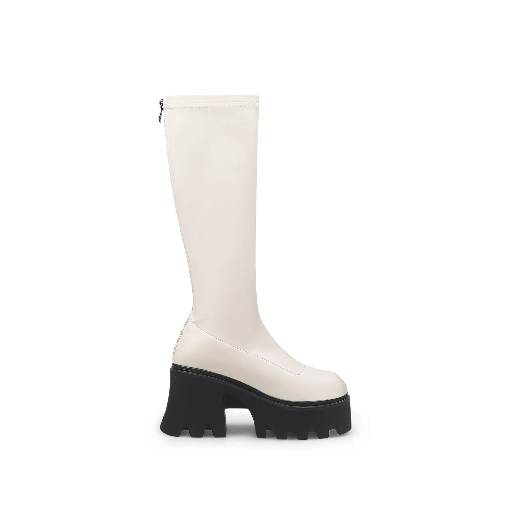 Lug Sole Knee High Leather Boot - Ivory