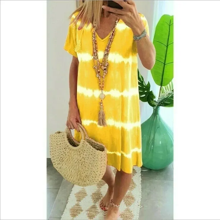 Madison - Striped tie-dye shirt dress with short sleeves and a relaxed fit
