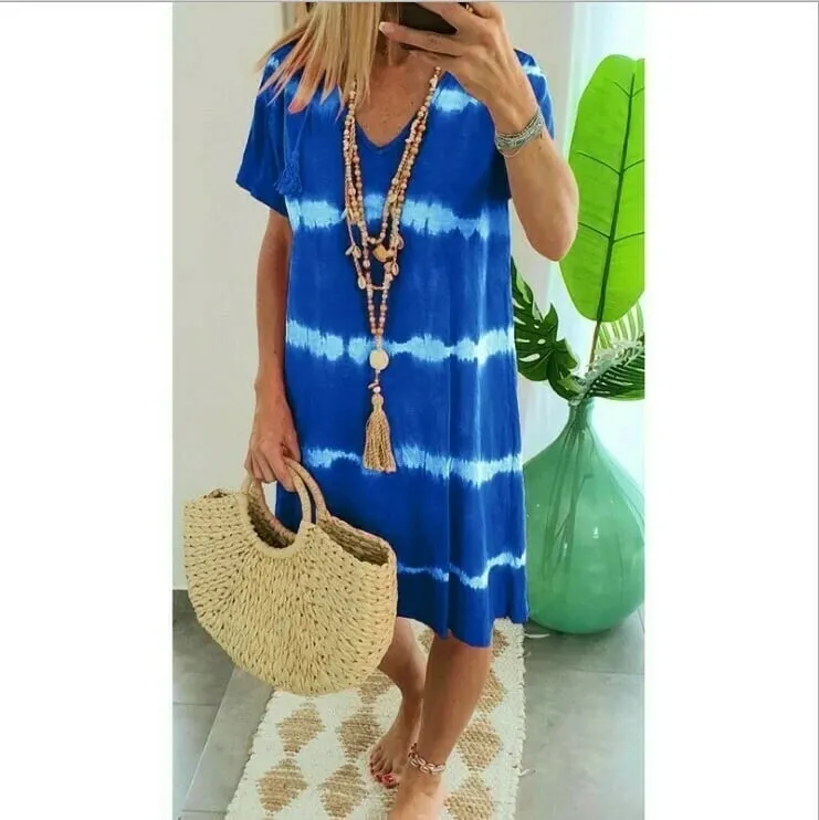 Madison - Striped tie-dye shirt dress with short sleeves and a relaxed fit
