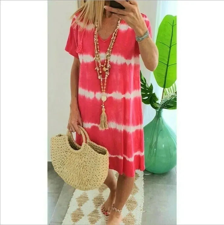 Madison - Striped tie-dye shirt dress with short sleeves and a relaxed fit