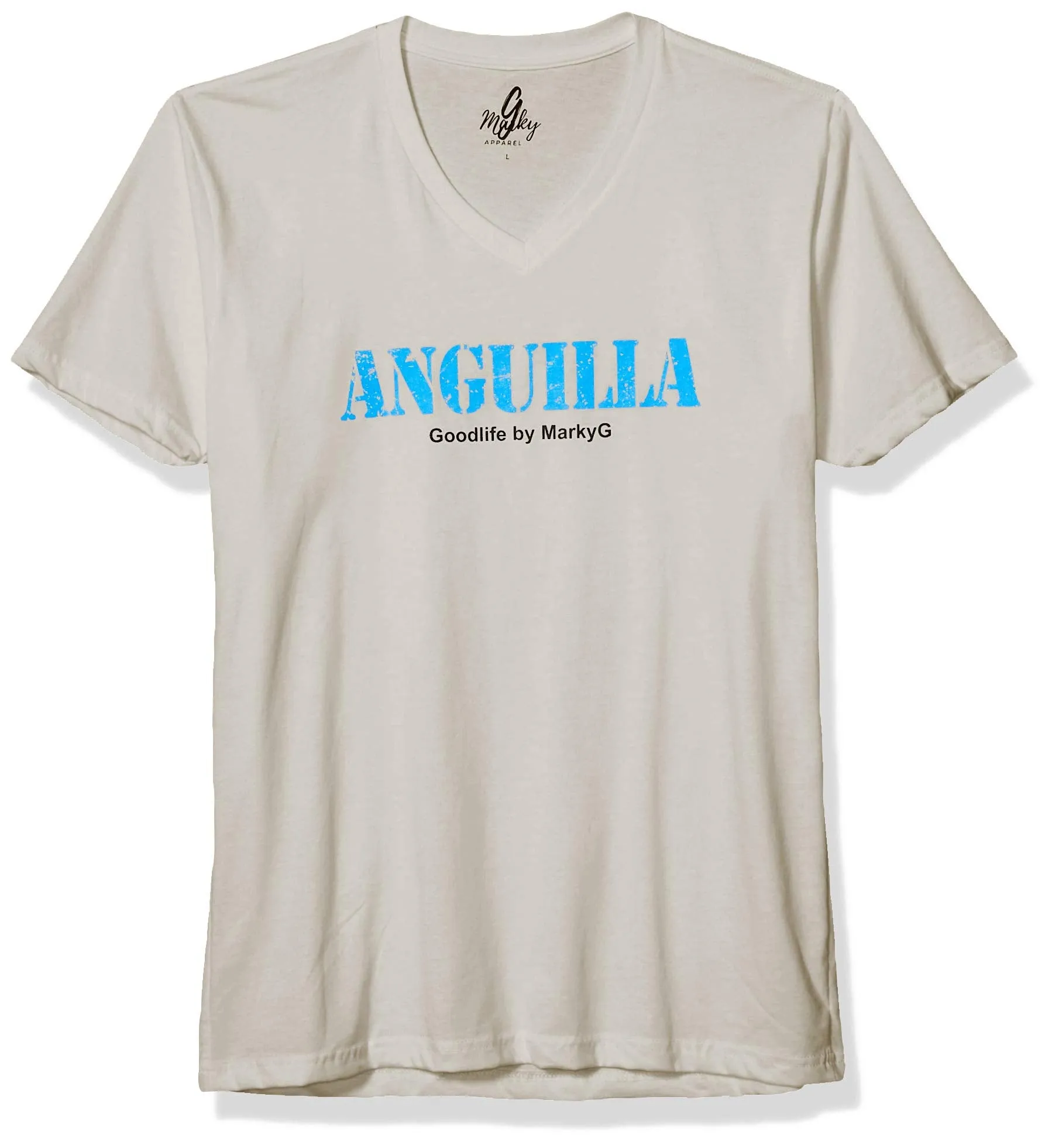 Marky G Apparel Men's Anguilla Graphic Printed Premium Tops Fitted Sueded Short Sleeve V-Neck T-Shirt
