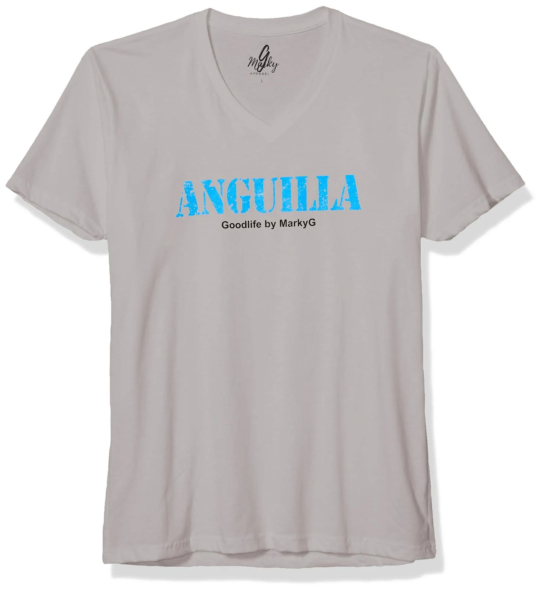 Marky G Apparel Men's Anguilla Graphic Printed Premium Tops Fitted Sueded Short Sleeve V-Neck T-Shirt