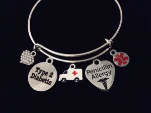 Medical Bracelet Jewelry Type 2 Diabetic Penicillin Allergy Charm Bracelet Silver Expandable Adjustable Bangle Diabetes Medical Alert Jewelry One Size Fits All Gift Ambulance