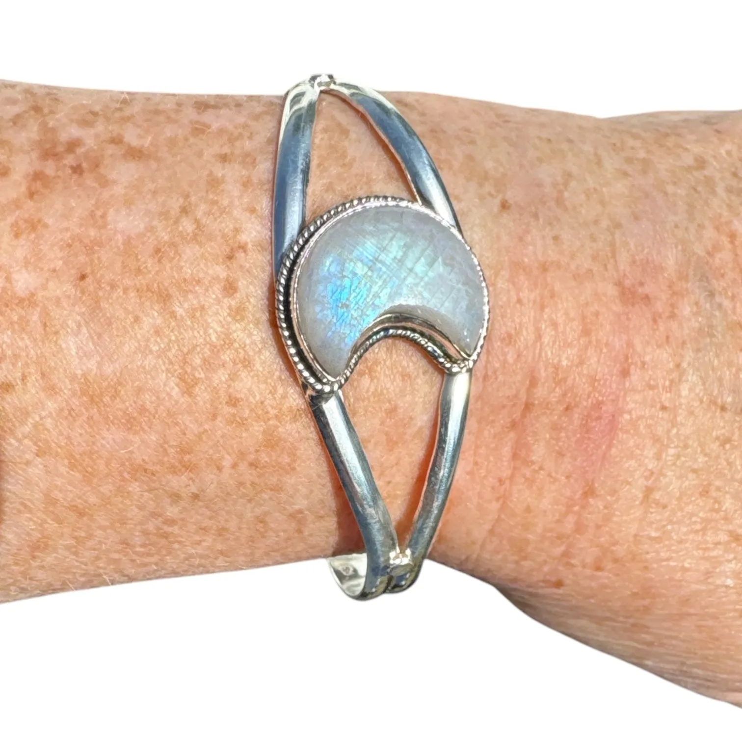 MOON Rainbow Moonstone Solid 925 Sterling Silver Cuff Bracelet