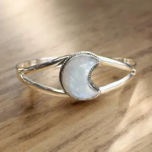 MOON Rainbow Moonstone Solid 925 Sterling Silver Cuff Bracelet