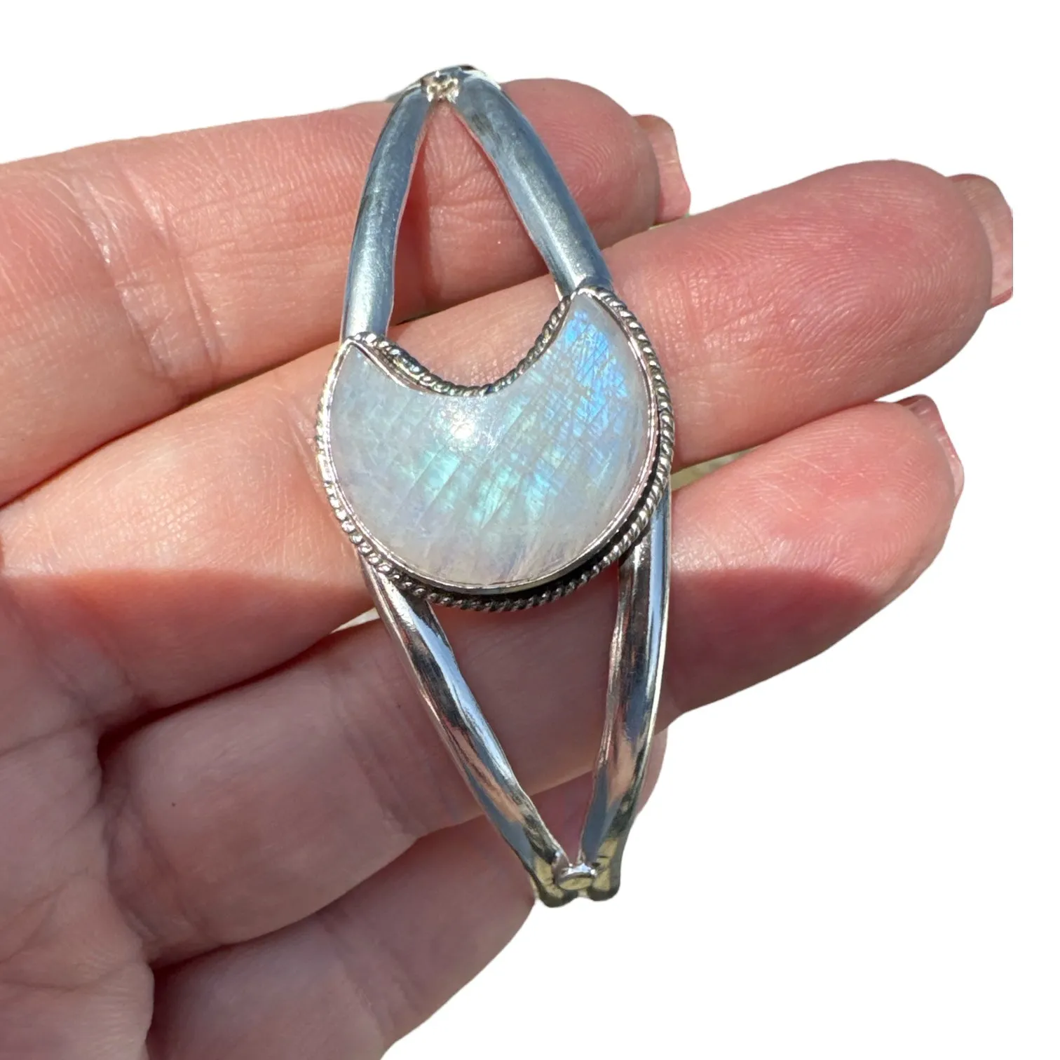 MOON Rainbow Moonstone Solid 925 Sterling Silver Cuff Bracelet