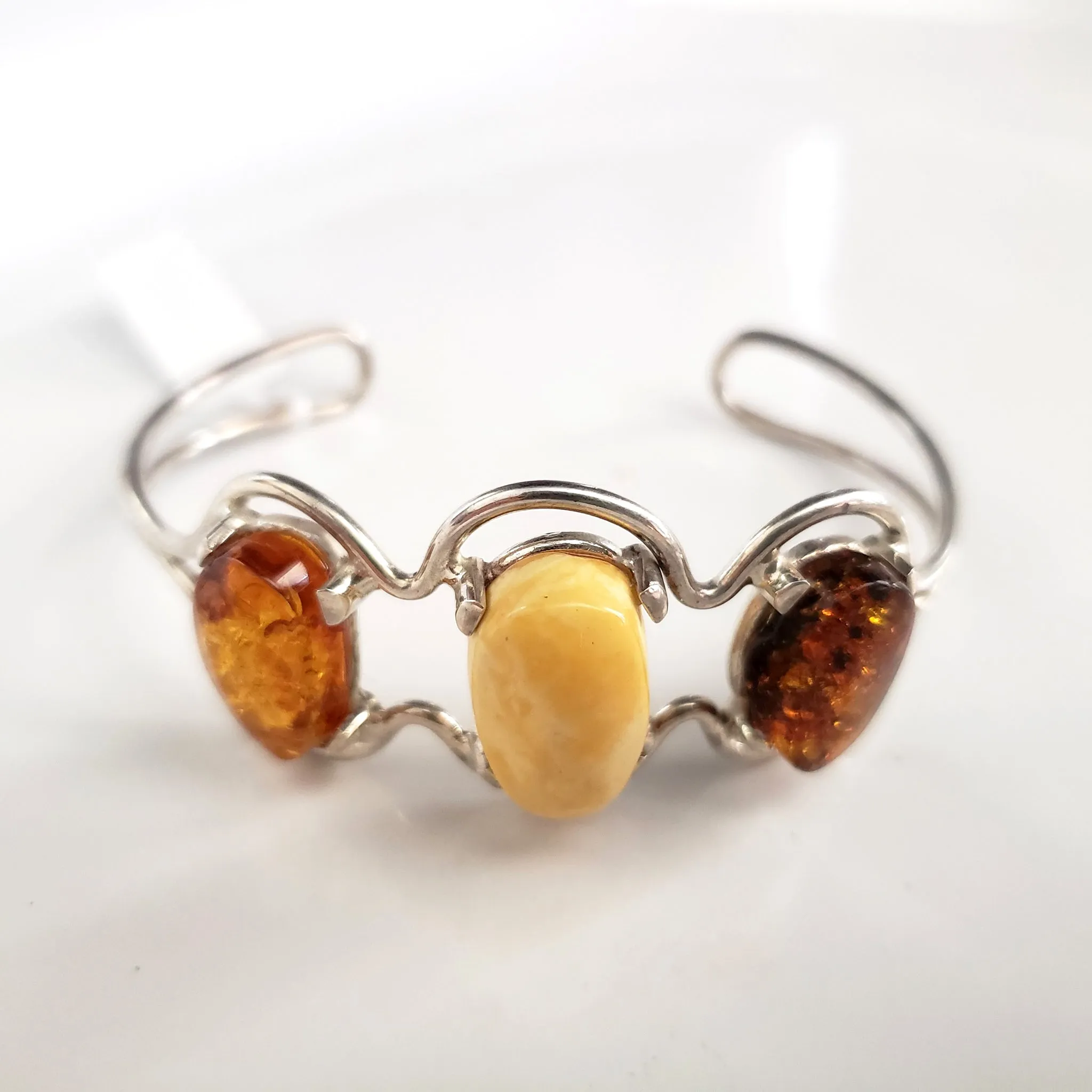 Multicolor Natural Amber Cuff Bracelet in Sterling Silver Setting