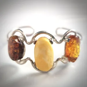 Multicolor Natural Amber Cuff Bracelet in Sterling Silver Setting