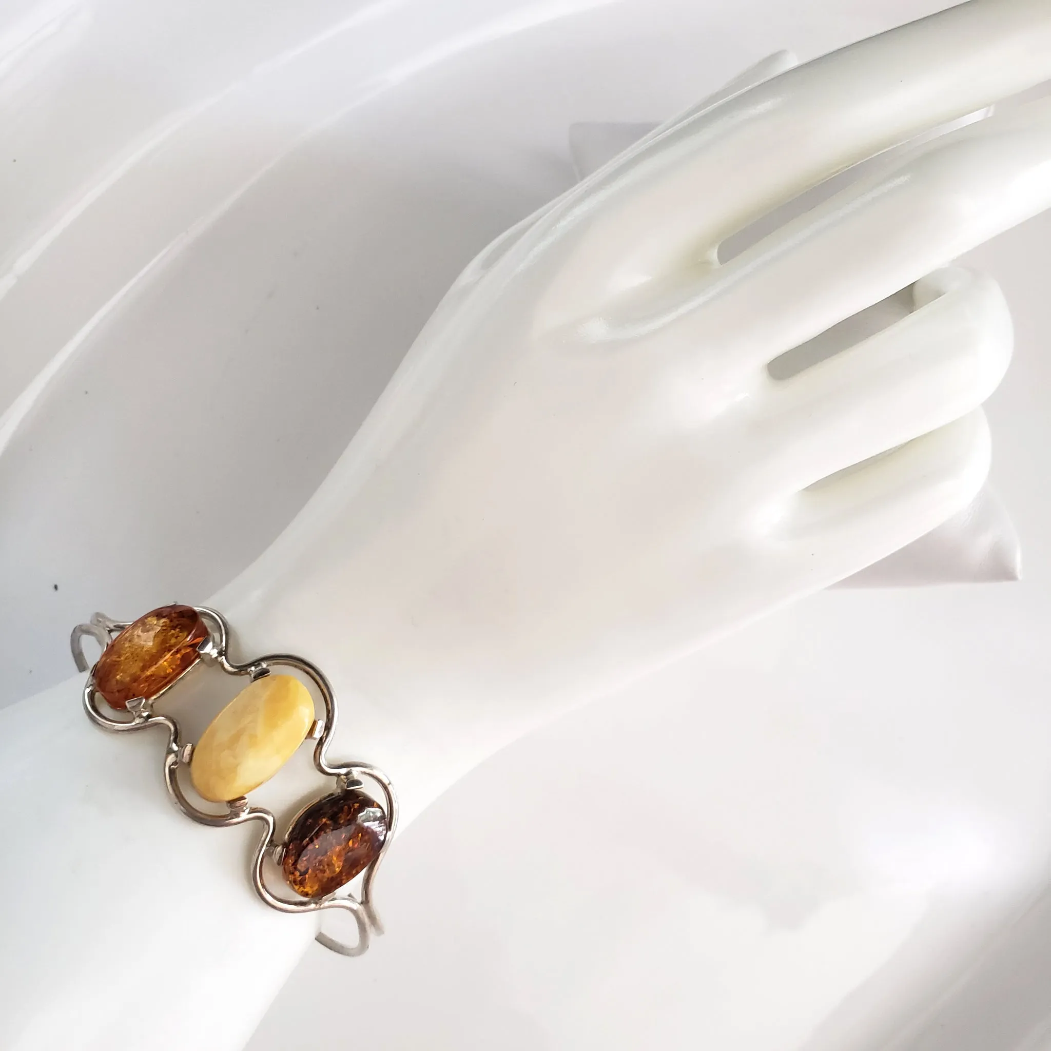 Multicolor Natural Amber Cuff Bracelet in Sterling Silver Setting