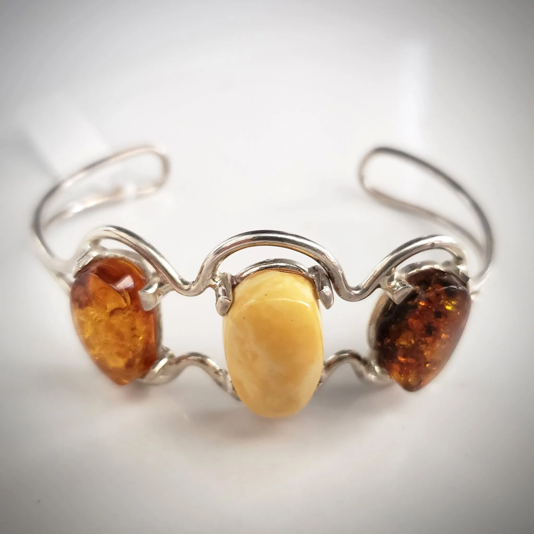 Multicolor Natural Amber Cuff Bracelet in Sterling Silver Setting