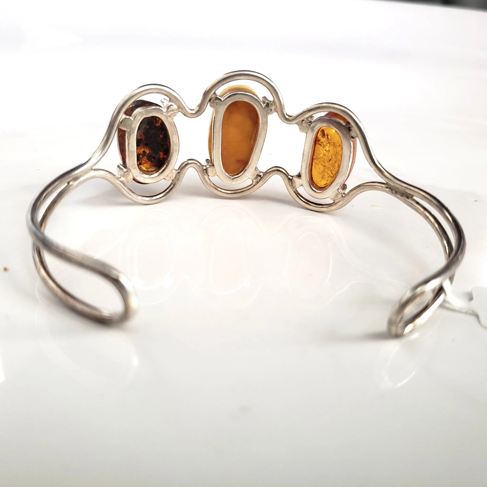 Multicolor Natural Amber Cuff Bracelet in Sterling Silver Setting