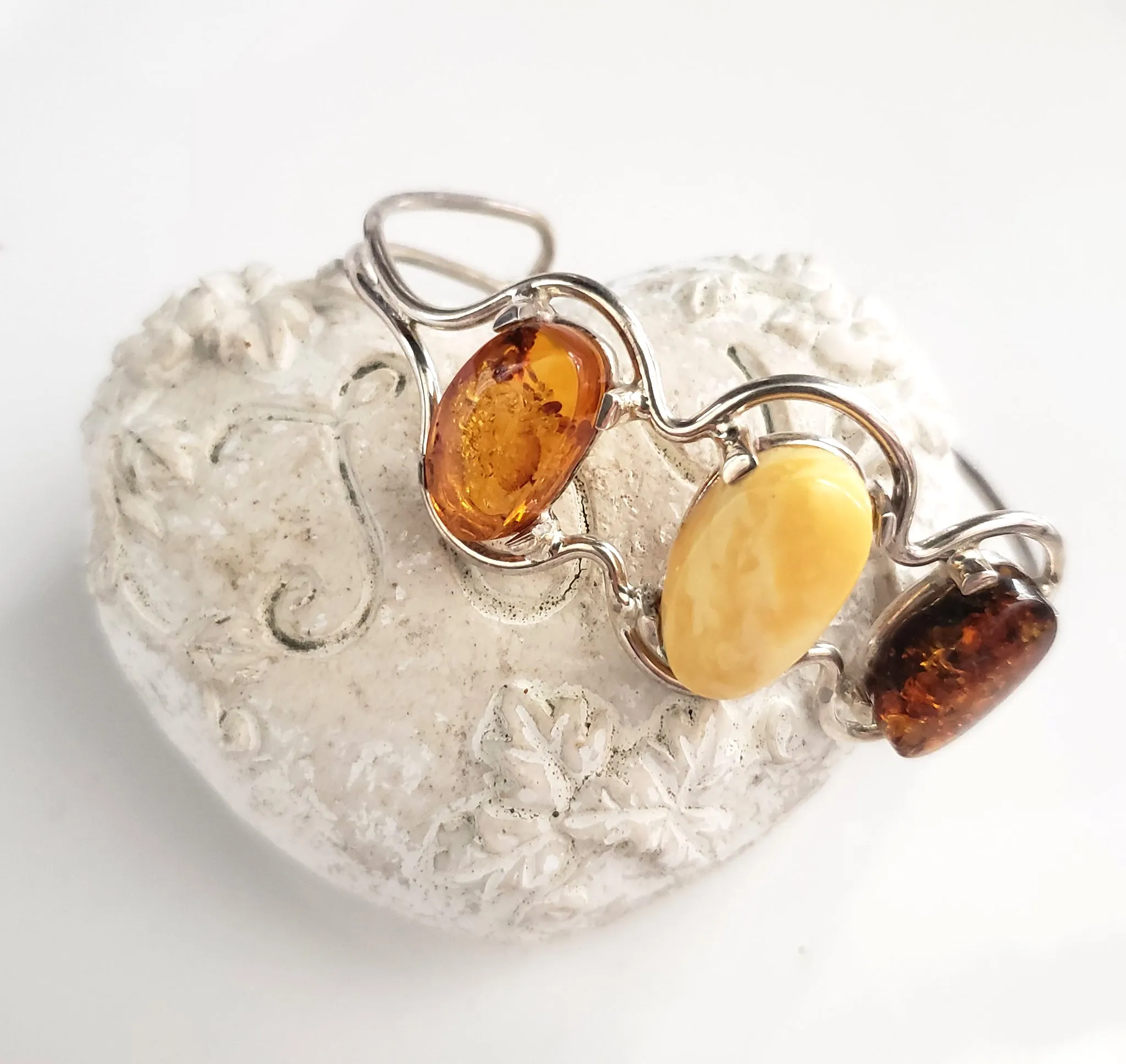 Multicolor Natural Amber Cuff Bracelet in Sterling Silver Setting