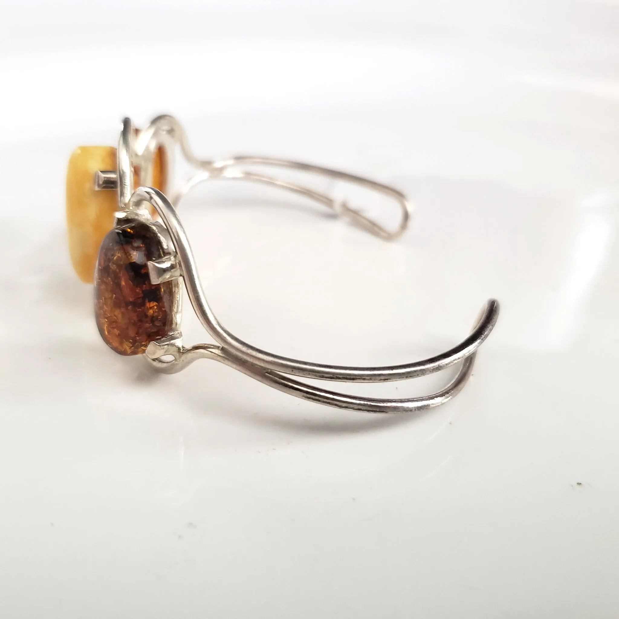 Multicolor Natural Amber Cuff Bracelet in Sterling Silver Setting