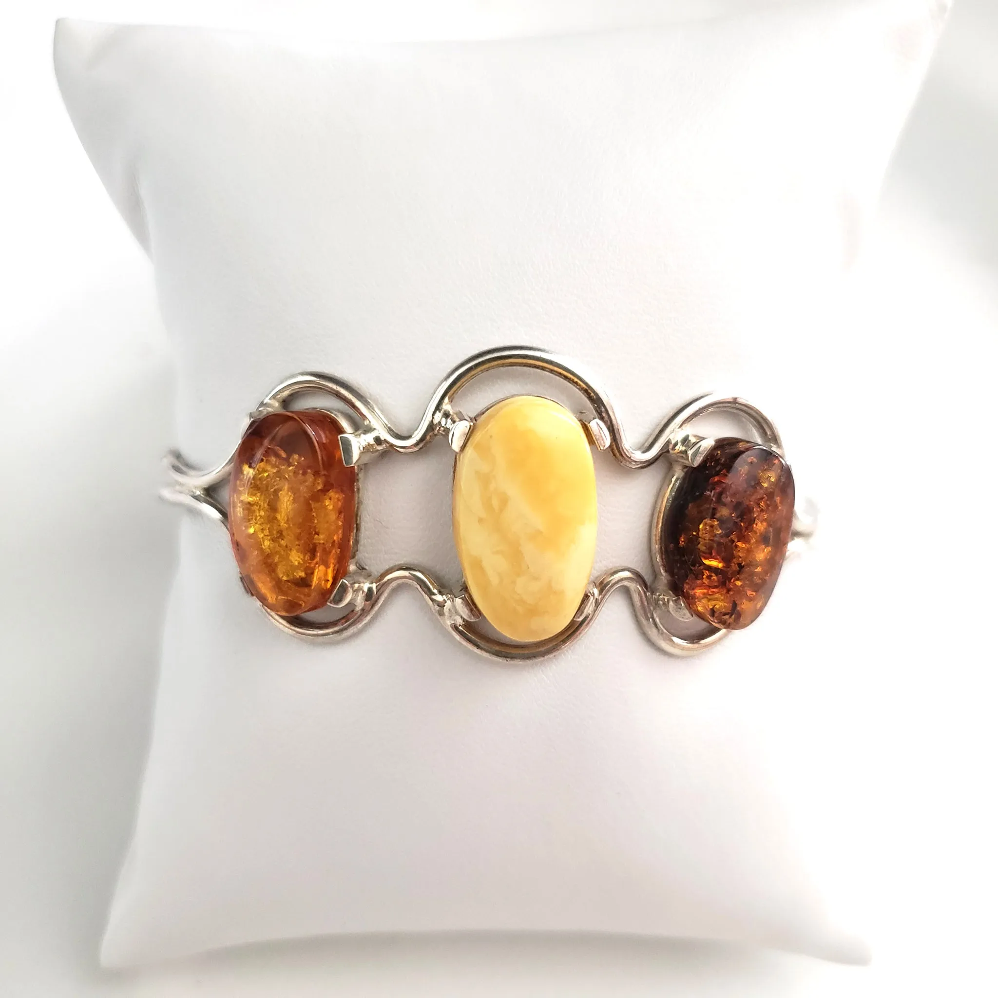 Multicolor Natural Amber Cuff Bracelet in Sterling Silver Setting