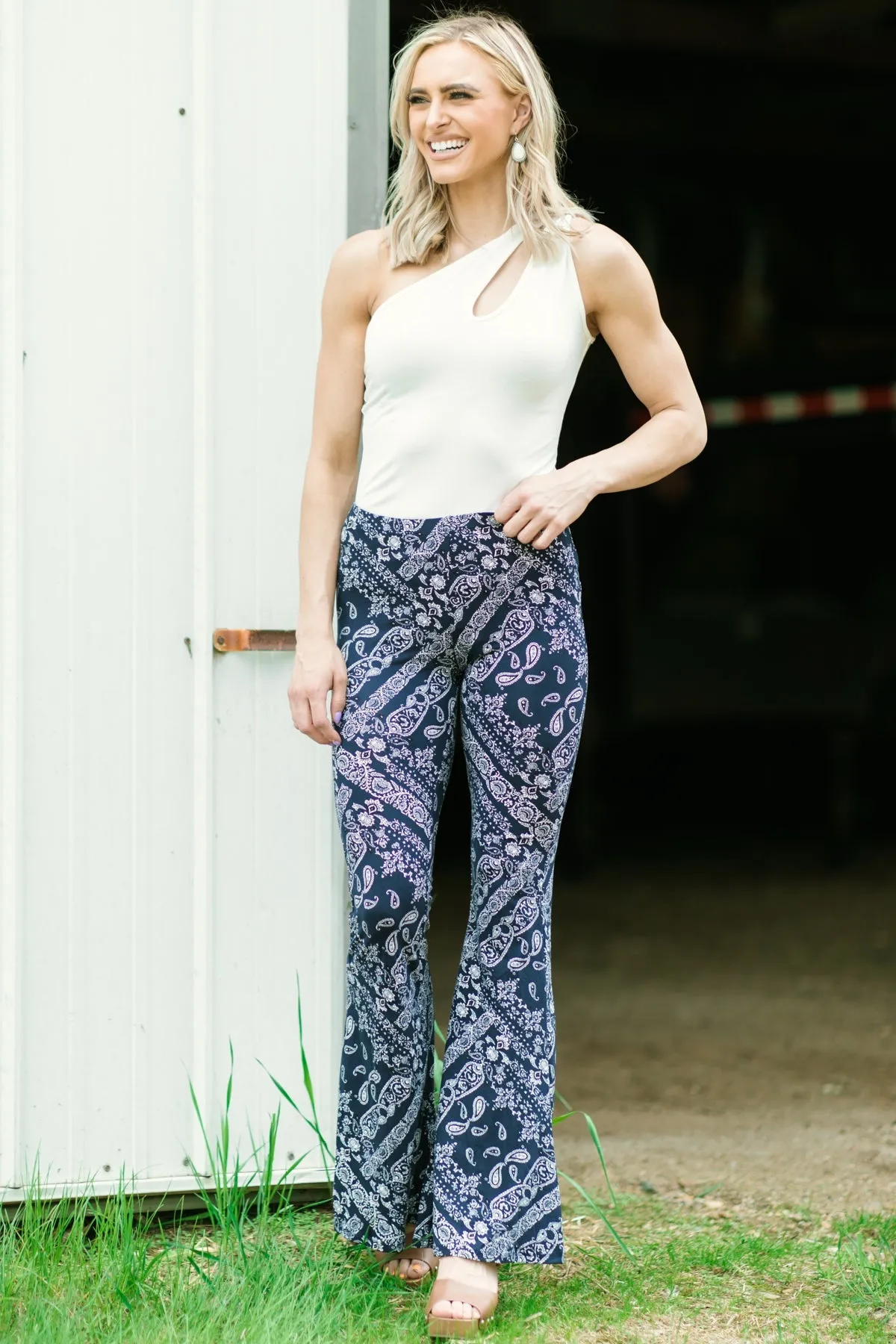 Navy Bandana Print Flare Pants