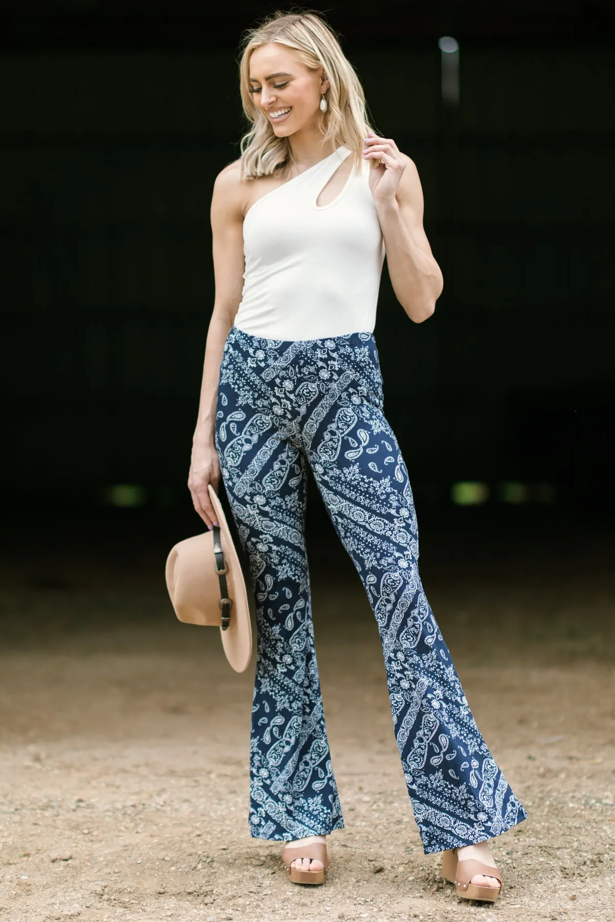 Navy Bandana Print Flare Pants