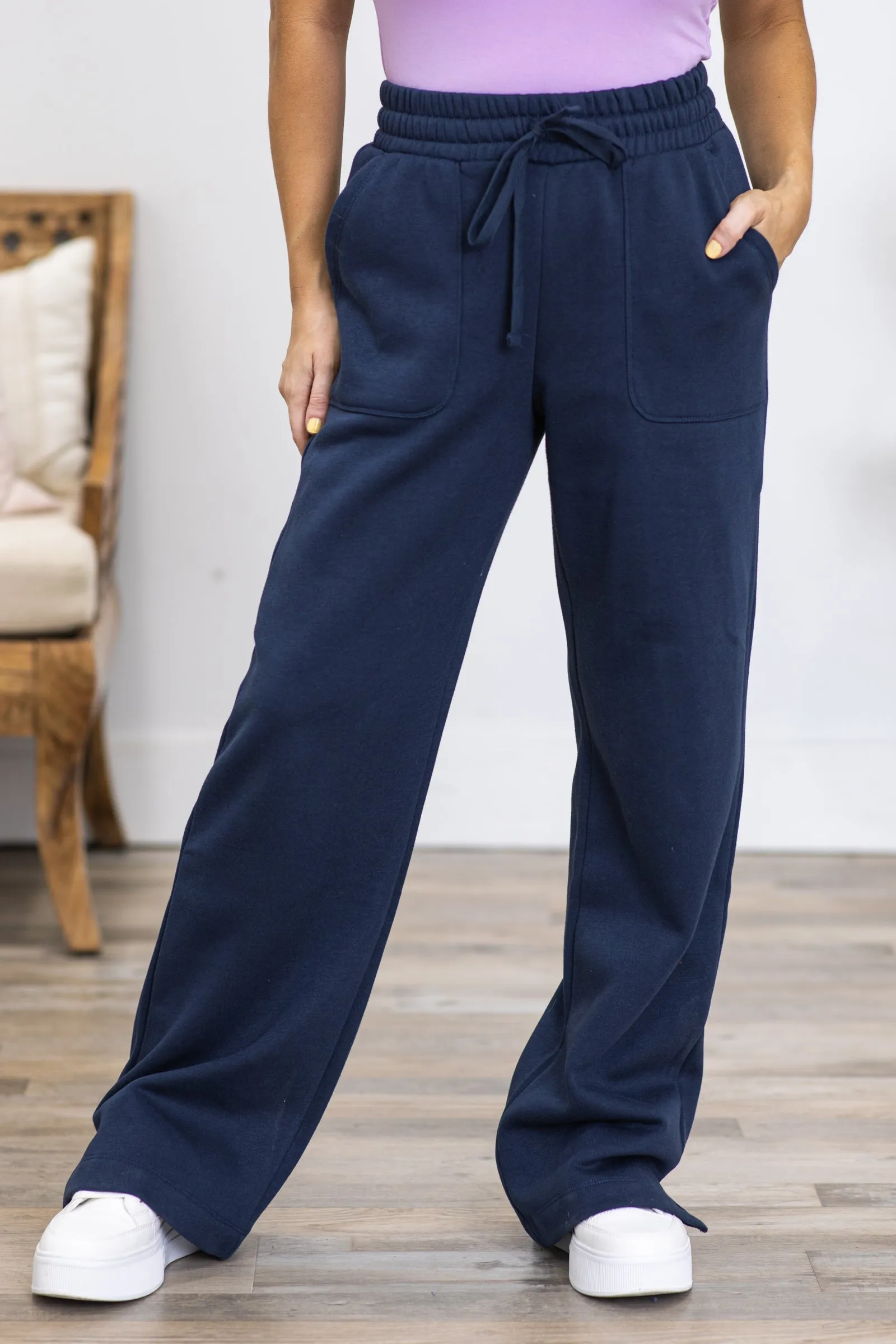 Navy Drawstring Straight Leg Pants