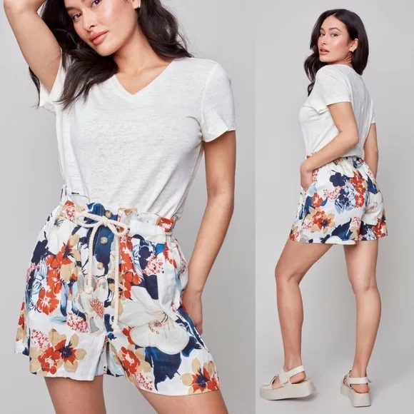 New Boutique Charlie B Navy Orange Floral Linen Dobby Paperbag Tie Waist Shorts