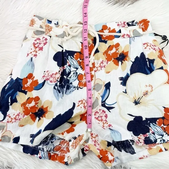 New Boutique Charlie B Navy Orange Floral Linen Dobby Paperbag Tie Waist Shorts