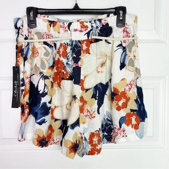 New Boutique Charlie B Navy Orange Floral Linen Dobby Paperbag Tie Waist Shorts