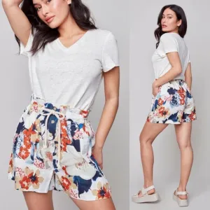 New Boutique Charlie B Navy Orange Floral Linen Dobby Paperbag Tie Waist Shorts