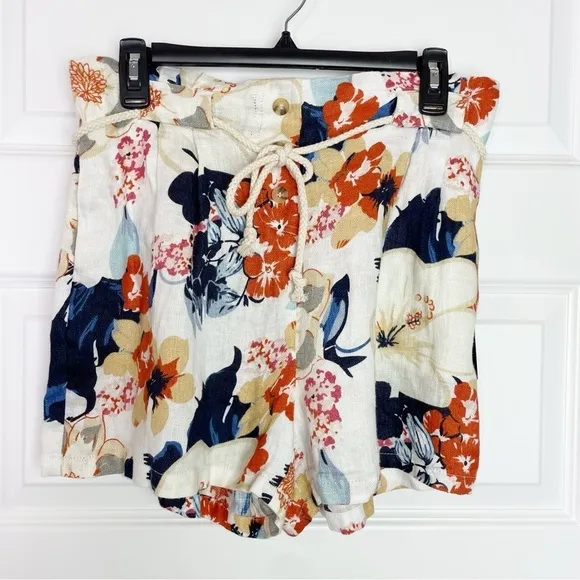 New Boutique Charlie B Navy Orange Floral Linen Dobby Paperbag Tie Waist Shorts