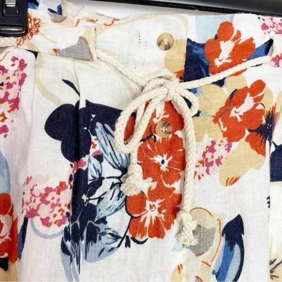 New Boutique Charlie B Navy Orange Floral Linen Dobby Paperbag Tie Waist Shorts