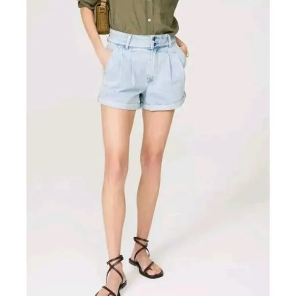 NEW Paige Beth Shorts Sz 29 Blue Denim Hi Rise Cuffed Jean Retro Pleats Stretch