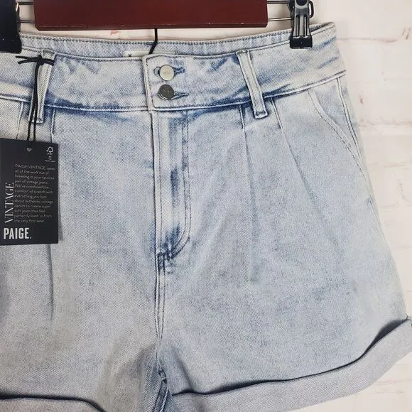 NEW Paige Beth Shorts Sz 29 Blue Denim Hi Rise Cuffed Jean Retro Pleats Stretch