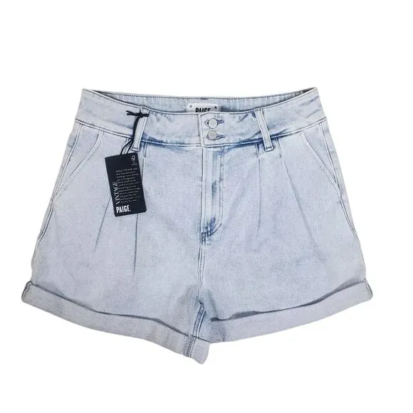 NEW Paige Beth Shorts Sz 29 Blue Denim Hi Rise Cuffed Jean Retro Pleats Stretch