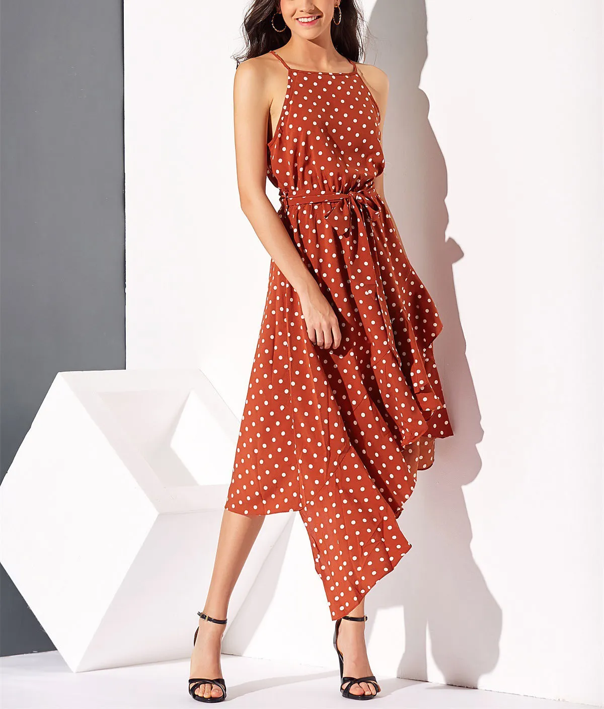 New Polka Dot Printed Irregular Hem Dress